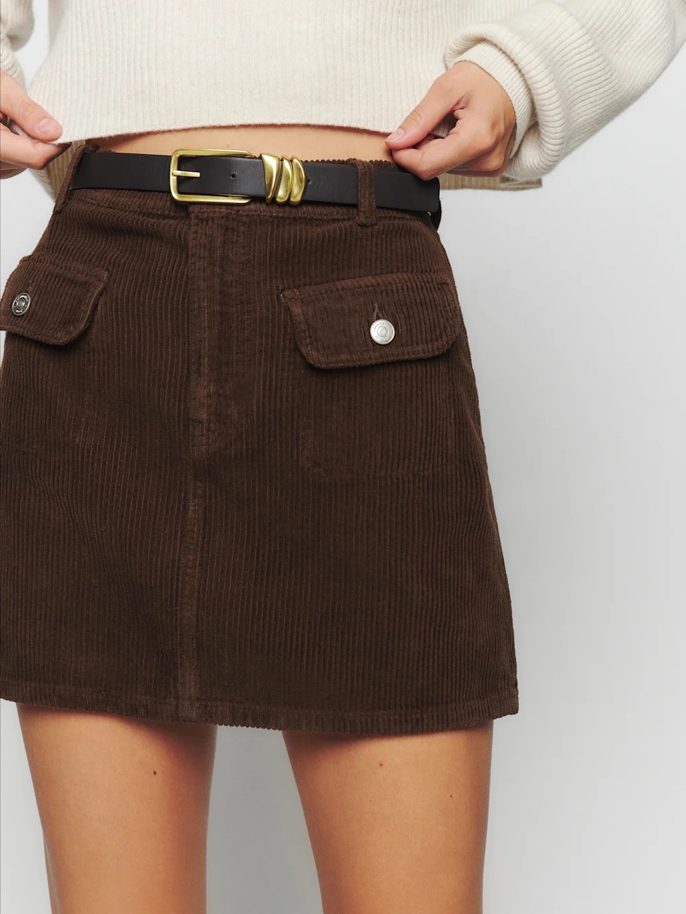 Reformation Elia Patch Pocket Corduroy Mini Skirt in Brown